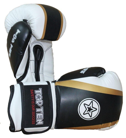 TOP TEN STAR BOXING GLOVES BLACK WHITE GOLD Sparring Training